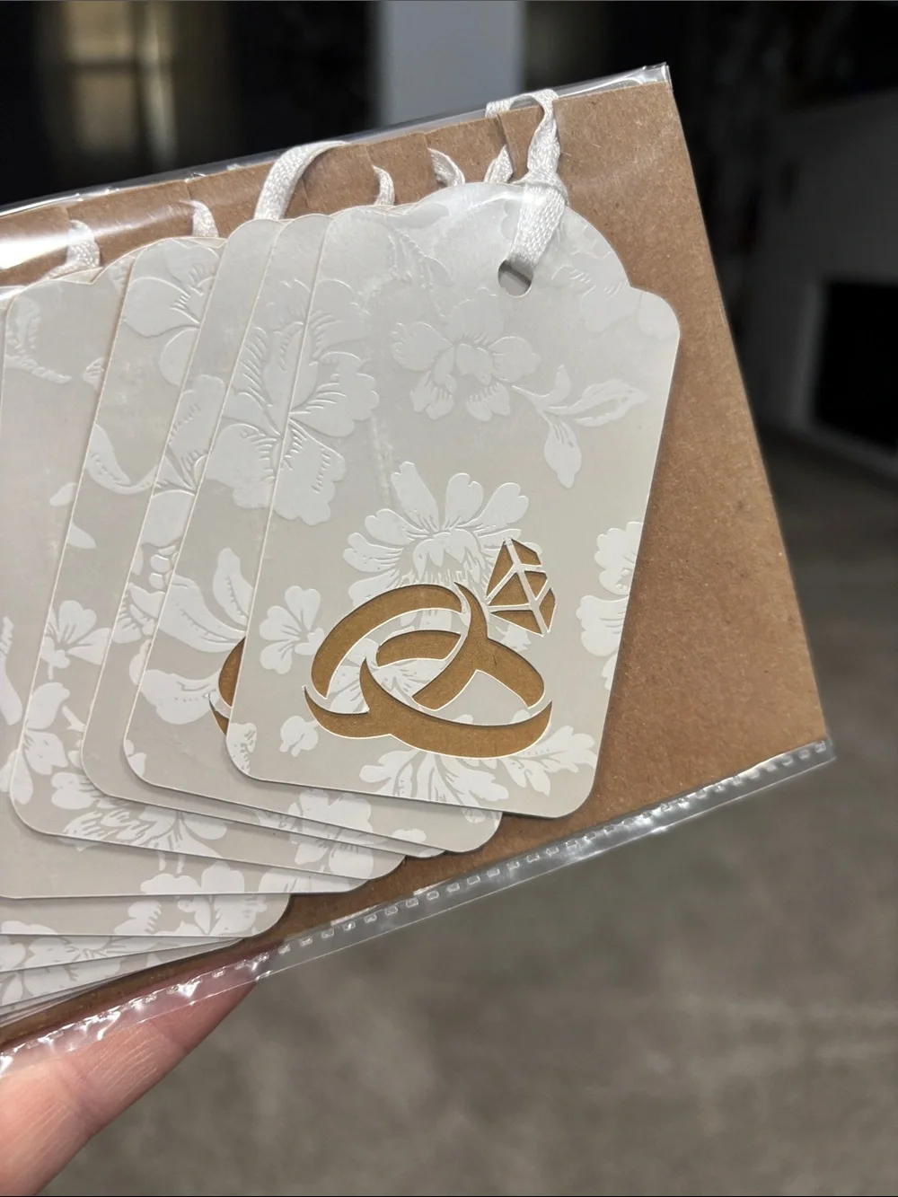 White Floral Wedding Favor Gift Tags with Gold Ring Accent (Set of 20)